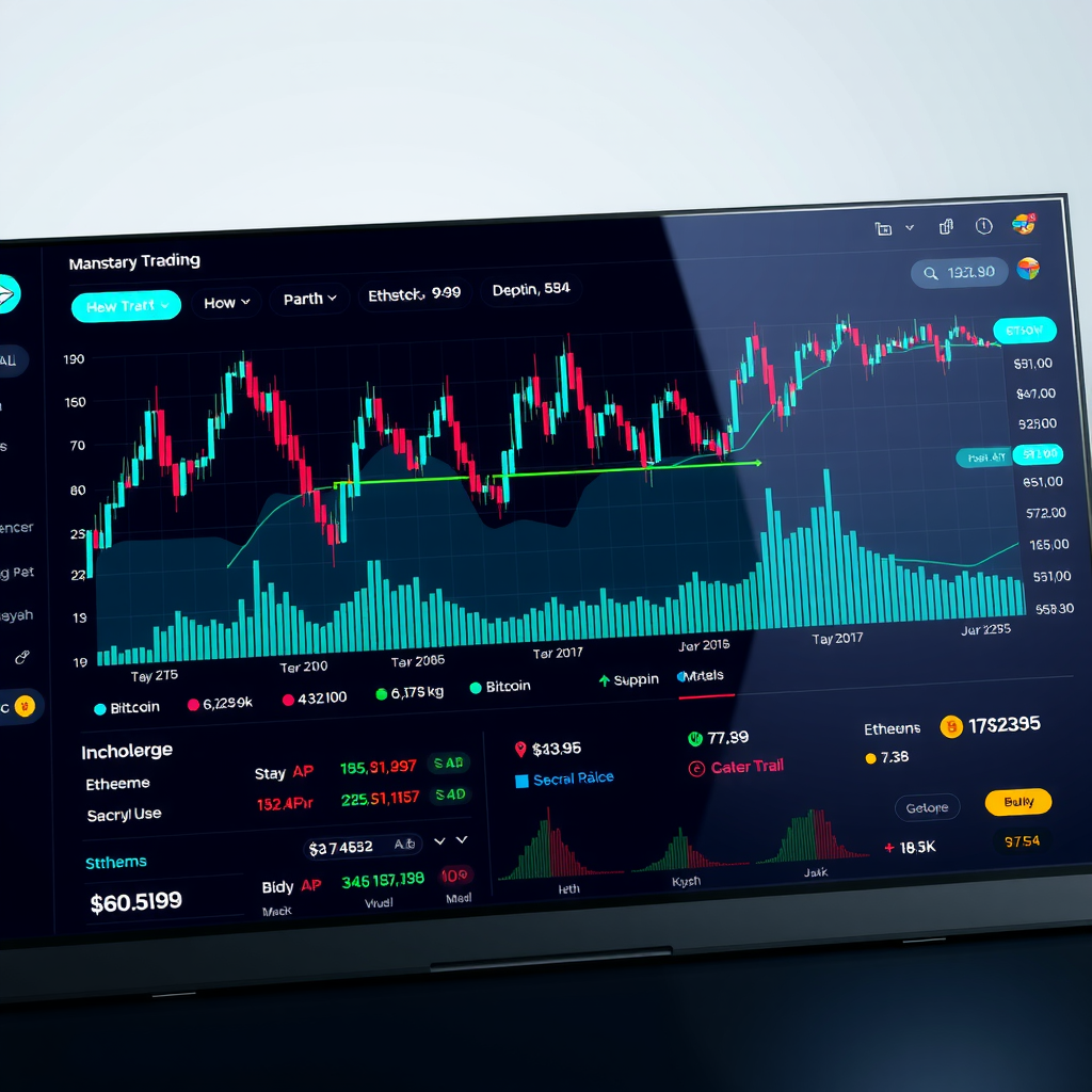 Professional cryptocurrency trading interface showing real-time Bitcoin and Ethereum price charts with candlestick patterns, order book depth, buy/sell buttons, and portfolio balance display on modern dark-themed dashboard with teal accent colors