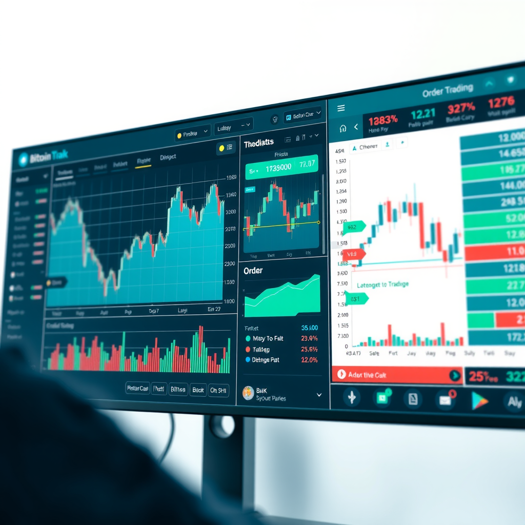 Professional cryptocurrency trading interface showing real-time market charts, order books, and trading pairs with Bitcoin and Ethereum price movements on a modern dashboard with teal and white color scheme