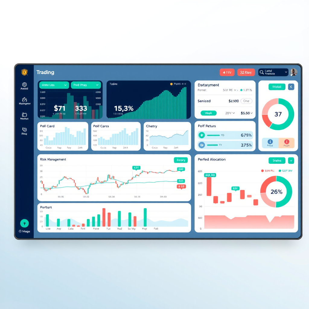 Advanced automated cryptocurrency trading dashboard featuring AI-powered bot interface with multiple strategy cards, performance graphs showing profit curves, risk management sliders, portfolio allocation pie charts, and 24/7 trading status indicators with teal and coral accent colors