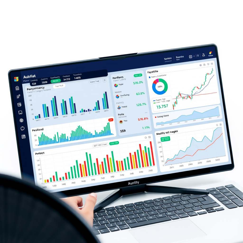 Advanced automated cryptocurrency trading dashboard featuring AI-powered bot interface with performance graphs, portfolio allocation charts, backtesting results, and real-time trading signals across multiple digital assets