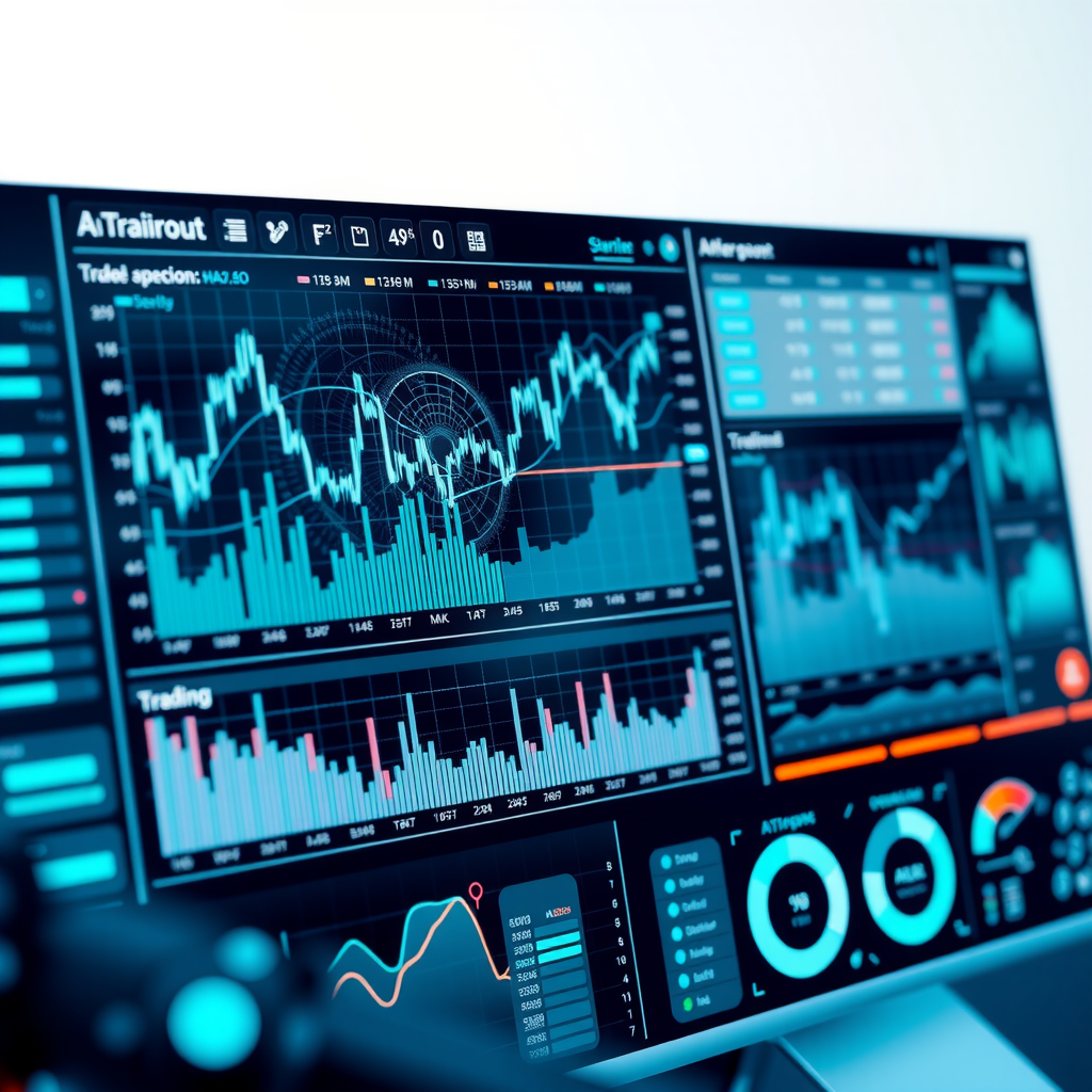 Detailed view of AI trading bot interface showing neural network visualization, real-time market analysis graphs, automated trade execution logs, and machine learning performance indicators with teal gradient accents