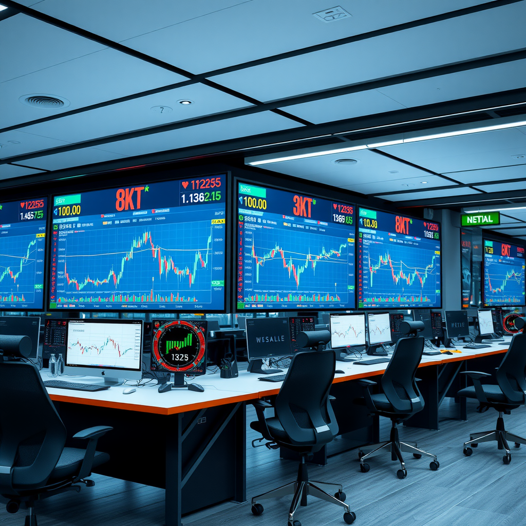 Modern trading floor with advanced analytics dashboards displaying cryptocurrency price movements technical indicators and risk management metrics