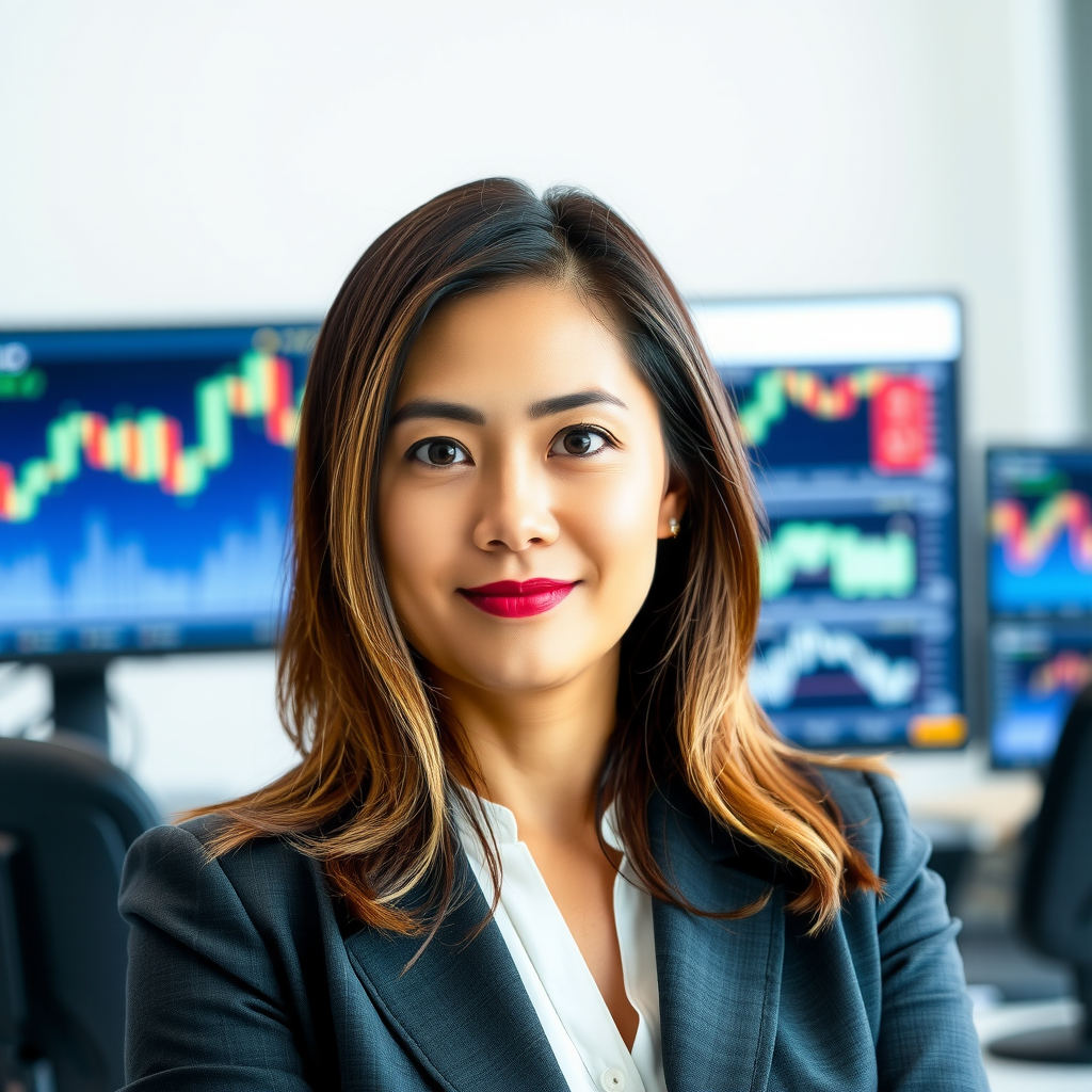 Professional headshot of Dr. Emily Watson, Quantitative Trading Strategist, wearing professional attire with computer screens showing trading algorithms in background