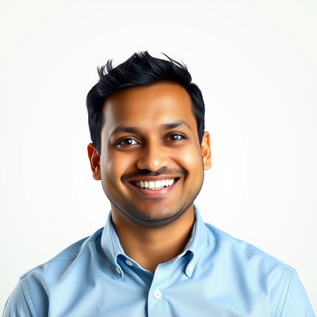 Professional headshot of David Kumar, Head of Client Success, wearing a light blue dress shirt with a friendly and welcoming smile, against a clean white background with professional studio lighting