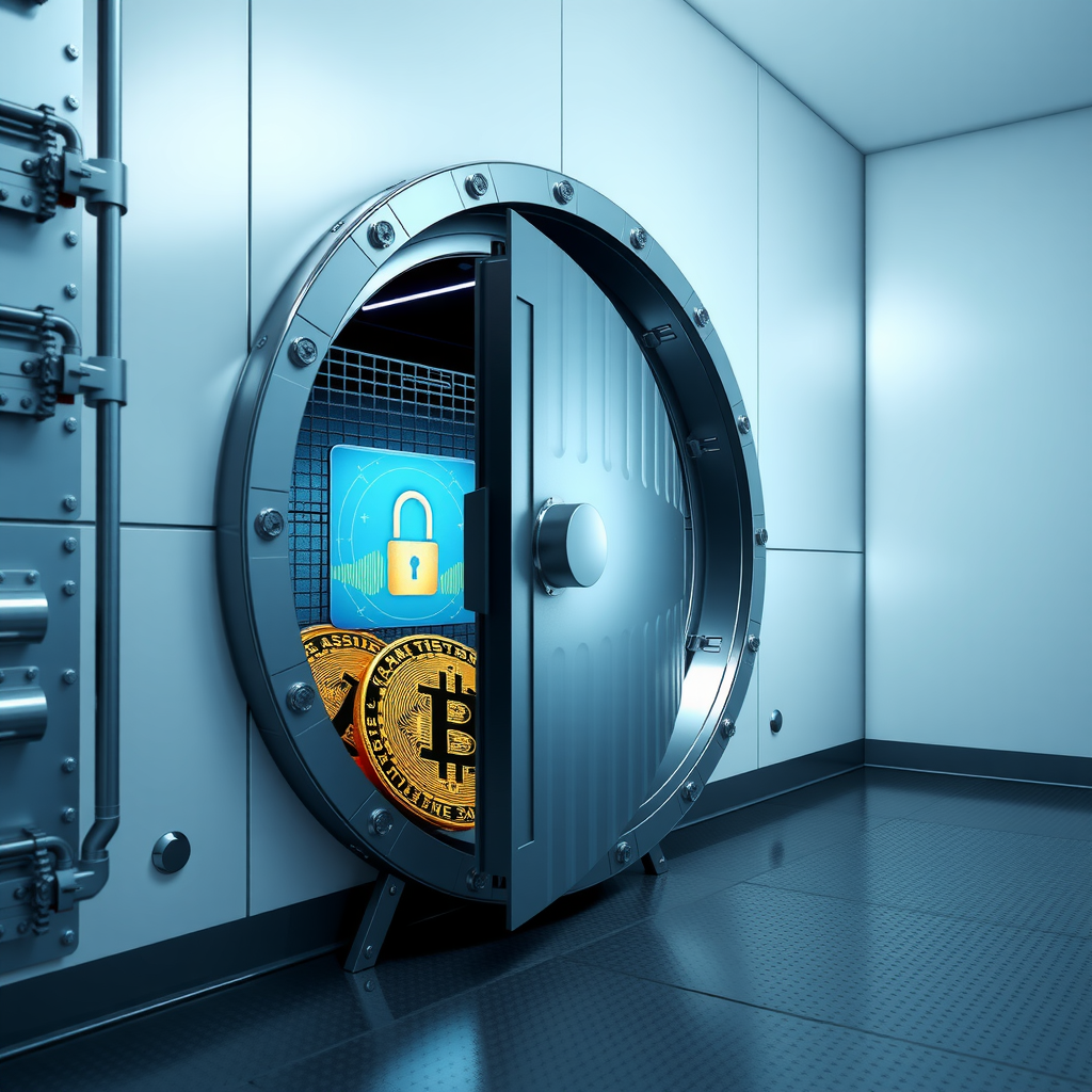 Secure cryptocurrency vault with multi-layer security protocols cold storage systems and advanced encryption technology protecting digital assets