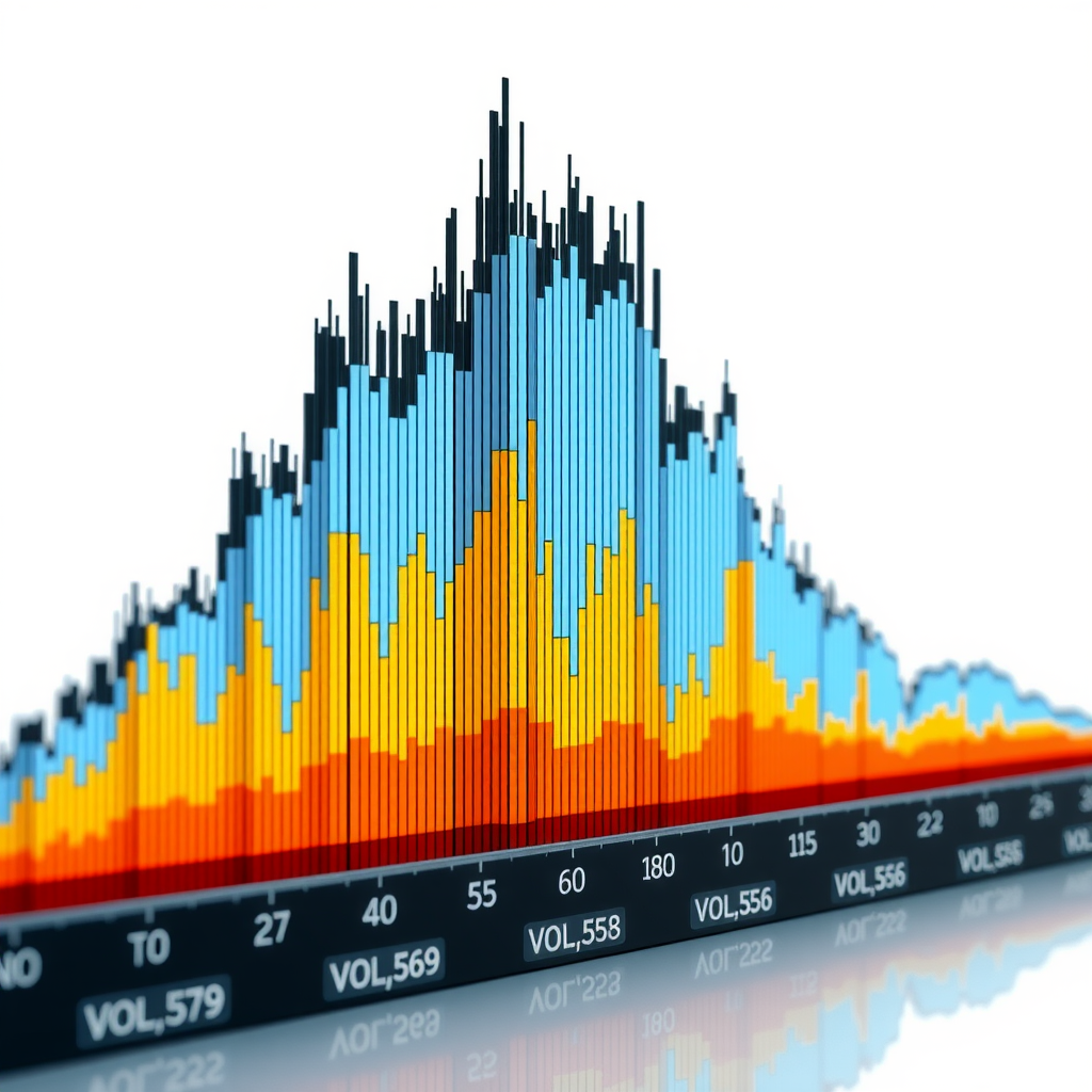Trading volume histogram with moving average overlays showing buying and selling pressure, volume spikes, and accumulation distribution patterns