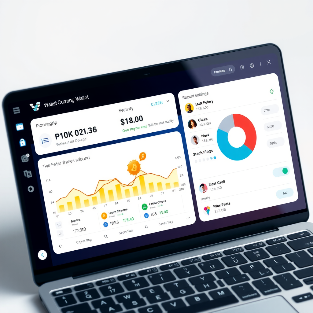 Cryptocurrency wallet dashboard showing portfolio balance, asset allocation pie chart, recent transactions, and security settings with two-factor authentication enabled